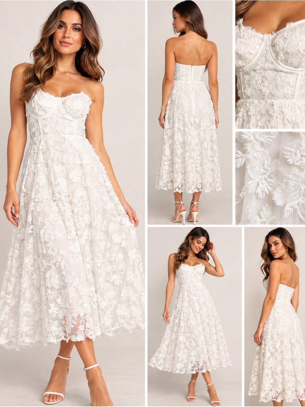 Lulus Quite Perfect White Floral Embroidered Strapless Midi Dress M NWT